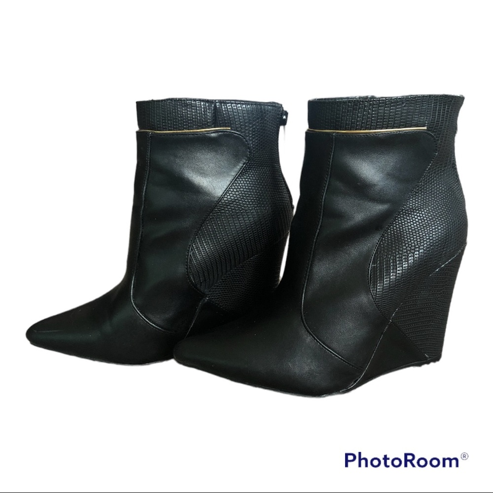 Black Snakeskin Booties with Gold Trim